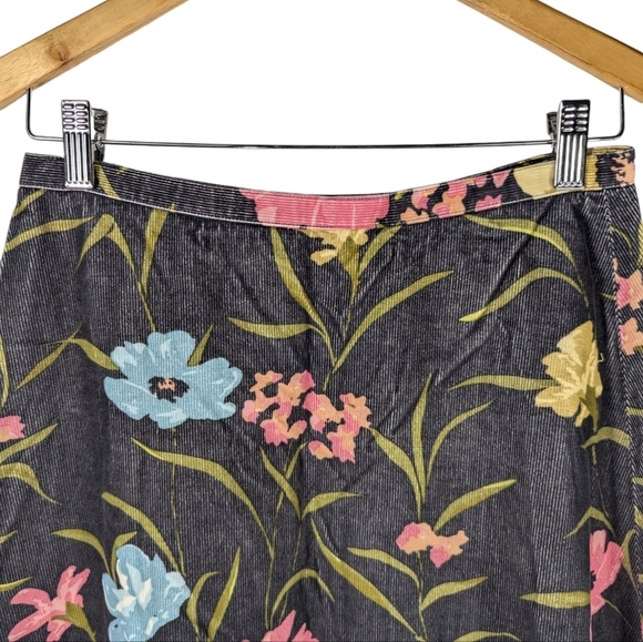 Y2K Anne Klein Floral Corduroy Cotton A-Line Full Charcoal Midi Skirt Size 4 - Picture 3 of 7